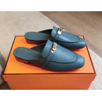 Good Quality Hermes Oz Flat Mules in Calfskin Leather Dark Blue 815050