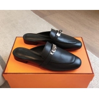 Pretty Style Hermes Oz Flat Mules in Calfskin Leather Black/Silver 815051