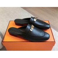 Most Popular Hermes Oz Flat Mules in Calfskin Leather Black/Gold 815052