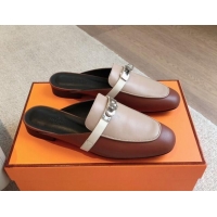 Best Product Hermes Oz Flat Mules in Calfskin Leather Brown/Grey 815053