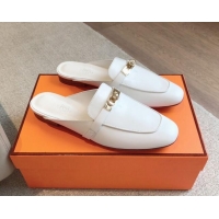 Luxurious Hermes Oz Flat Mules in Calfskin Leather White/Gold 815054