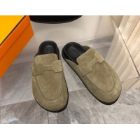 Durable Hermes Go Mules in Suede with "H" cut-out Khaki Green 815055