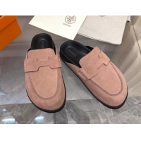 Top Design Hermes Go Mules in Suede with "H" cut-out Pale Pink 815057