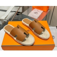 Low Cost Hermes Izmir Espadrille Flat Slides Sandal in Palm-Grained Leather Brown 815061