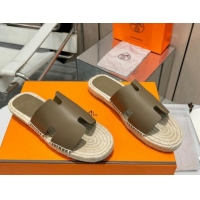 Low Price Hermes Izmir Espadrille Flat Slides Sandal in Palm-Grained Leather Khaki Green 815062