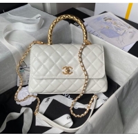 Luxurious Chanel Shiny Calfskin Small Coco Flap Bag with Metal Top Handle A92990 White 2024