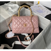 Best Price Chanel Shiny Calfskin Small Coco Flap Bag with Metal Top Handle A92990 Pink 2024