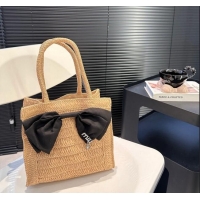 Pretty Style Miu Miu Raffia Straw Tote bag with Bow 0402 Khaki 2024