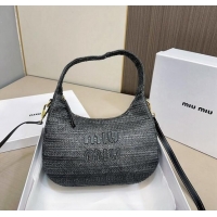 Low Cost Miu Miu Wander Straw Hobo Bag 0402 All Black 2024