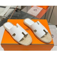 Buy Luxury Hermes Izmir Espadrille Flat Slides Sandal in Palm-Grained Leather White 815063