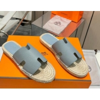 Classic Hot Hermes Izmir Espadrille Flat Slides Sandal in Palm-Grained Leather Light Grey 815064