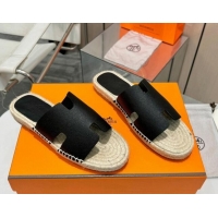 Fashion Hermes Izmir Espadrille Flat Slides Sandal in Palm-Grained Leather Black 815065