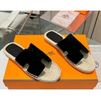 Luxury Cheap Hermes Izmir Espadrille Flat Slides Sandal in Suede Black 815066