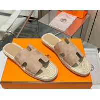 Sumptuous Hermes Izmir Espadrille Flat Slides Sandal in Suede Beige 815067