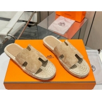 Popular Style Hermes Izmir Espadrille Flat Slides Sandal in Suede Apricot 815069