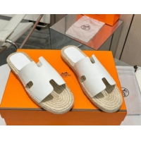 Stylish Hermes Izmir Espadrille Flat Slides Sandal in Smooth Calfskin White 815070