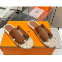 Big Discount Hermes Izmir Espadrille Flat Slides Sandal in Smooth Calfskin Dark Brown 815071