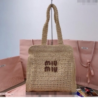 Luxury Discount Miu Miu Woven fabric Tote bag 5BG230 Beige/Brown 2024