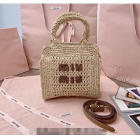 Buy Grade Miu Miu Raffia-effect crochet fabric mini tote bag 5BA283 Beige 2024