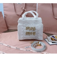 Top Quality Miu Miu Raffia-effect crochet fabric mini tote bag 5BA283 White 2024