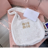 Luxurious Discount Miu Miu Woven fabric hobo bag 5BC116 White 2024