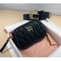 Good Looking Miu Miu Matelasse Leather Pouch Belt 3cm with Pin Buckle 0708 Black 2024