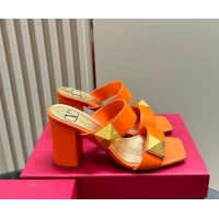 Unique Discount Valentino Roman Stud Heel Slide Sandals in Calfskin Orange 612009