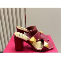 Chic Valentino Roman Stud Heel Slide Sandals in Calfskin Burgundy 612010