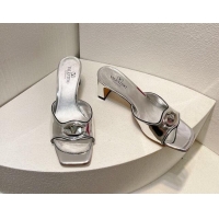 Grade Quality Valentino The Bold Edition VLogo Heel Slides Sandal in Patent Calfskin Silver 612021