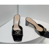 Charming Valentino The Bold Edition VLogo Heel Slides Sandal in Patent Calfskin Black 612029