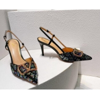 Stylish Valentino VLogo Slingback Pumps 8cm in Toile Iconographe Strass Black/Multicolor 612040