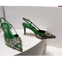 Good Looking Valentino VLogo Slingback Pumps 8cm in Toile Iconographe Strass Green/Silver 612042