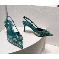 Low Cost Valentino VLogo Slingback Pumps 8cm in Toile Iconographe Strass Blue/Green 612043