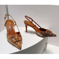 Buy Luxury Valentino VLogo Slingback Pumps 8cm in Toile Iconographe Strass Brown/Silver 612044