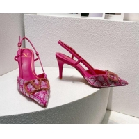 Luxury Valentino VLogo Slingback Pumps 8cm in Toile Iconographe Strass Dark Pink 612047