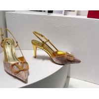 Shop Duplicate Valentino VLogo Slingback Pumps 8cm in Toile Iconographe Strass Gold/Nude 612048