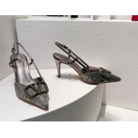 Most Popular Valentino VLogo Slingback Pumps 8cm in Toile Iconographe Strass Dark Grey 612049