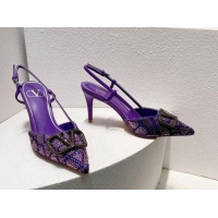 Hot Style Valentino VLogo Slingback Pumps 8cm in Toile Iconographe Strass Dark Purple 612052