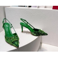 Sophisticated Valentino VLogo Slingback Pumps 8cm in Toile Iconographe Strass Green/Dark 612053