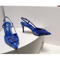 Stylish Valentino VLogo Slingback Pumps 8cm in Toile Iconographe Strass Sky Blue 612054