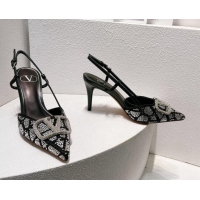 Best Product Valentino VLogo Slingback Pumps 8cm in Toile Iconographe Strass Black/Silver 612057