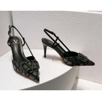 Top Grade Valentino VLogo Slingback Pumps 8cm in Toile Iconographe Strass Black/Green 612058