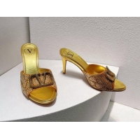 Shop Duplicate Valentino VLogo Heel Slides Sandal 8cm in Toile Iconographe Strass Gold Yellow 612060