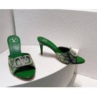 Best Price Valentino VLogo Heel Slides Sandal 8cm in Toile Iconographe Strass Green/Silver 612061