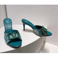 Sophisticated Valentino VLogo Heel Slides Sandal 8cm in Toile Iconographe Strass Green/Blue 612062