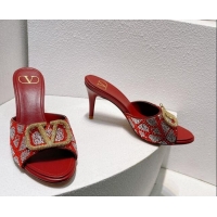 Sumptuous Valentino VLogo Heel Slides Sandal 8cm in Toile Iconographe Strass Burgundy 612063