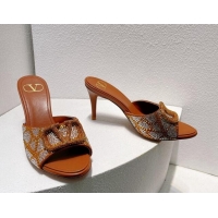 Best Grade Valentino VLogo Heel Slides Sandal 8cm in Toile Iconographe Strass Tan Brown 612064