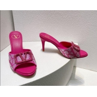 Stylish Valentino VLogo Heel Slides Sandal 8cm in Toile Iconographe Strass Dark Pink 612065