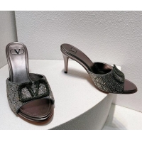 Good Quality Valentino VLogo Heel Slides Sandal 8cm in Toile Iconographe Strass Dark Grey 612067