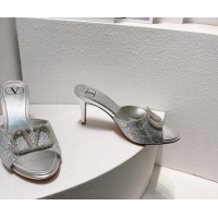 Grade Quality Valentino VLogo Heel Slides Sandal 8cm in Toile Iconographe Strass Silver/Grey 612068